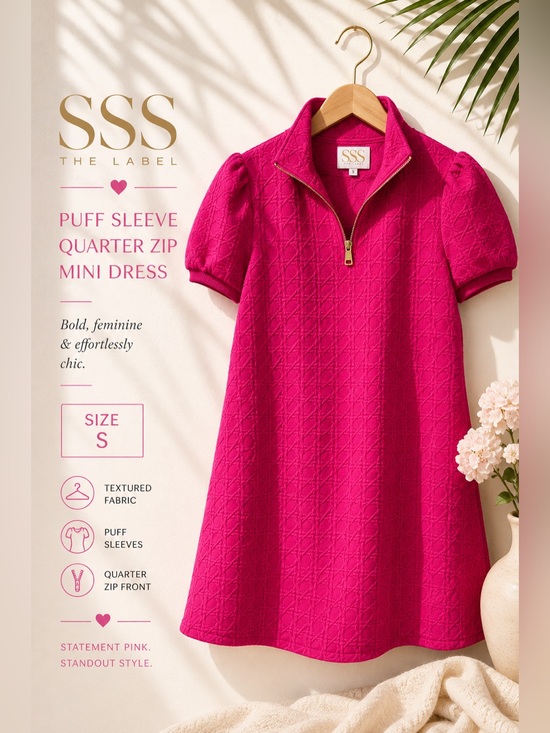 SSYS Dresses & Skirts - SSYS The Label Hot Pink Textured Puff Sleeve Quarter Zip Mini Dress Size S